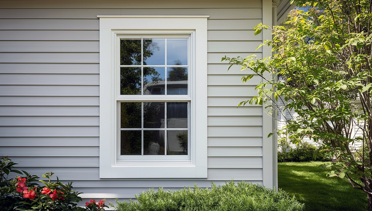 White vinyl double hung window with grilles
