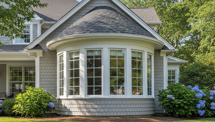 Gray house with a rounded bay window