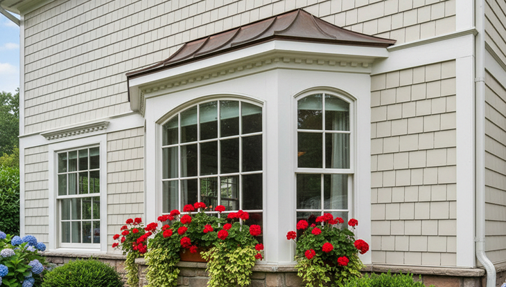 Bay window with white trim on a shingled house