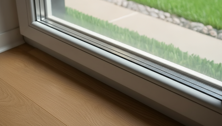 Close-up of vinyl window frame and sill showing installation detail
